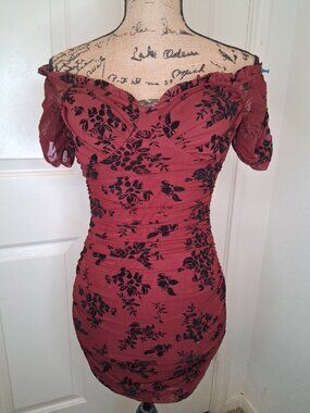 Romantic Burgundy Off-Shoulder Ruched Mini Dress | Mesh Floral Bodycon | Size Me
